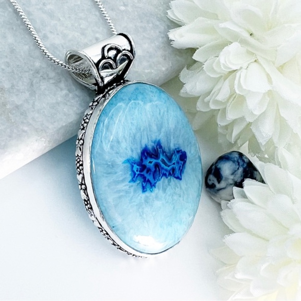 Large SOLAR AGATE Pendant. Sterling Silver 925 Blue Oval Vintage New